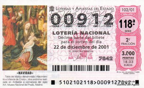 Décimo de Lotería Nacional de 2001 Sorteo 102 - «NAVIDAD» - TABLA DEL TRIPTICO DENOMINADO «NACIMIENTO E INFANCIA DE CRISTO»