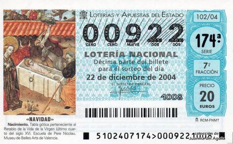 Décimo de Lotería Nacional de 2004 Sorteo 102 - «NAVIDAD» - NACIMIENTO. TABLA GÓTICA PERTENECIENTE AL RETABLO DE LA VIDA DE LA VIRGEN. SIGLO XV