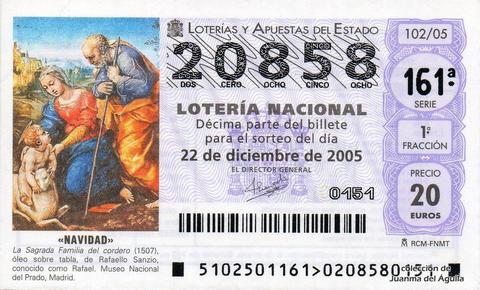 Décimo de Lotería Nacional de 2005 Sorteo 102 - «NAVIDAD» - LA SAGRADA FAMILIA DEL CORDERO (1507)