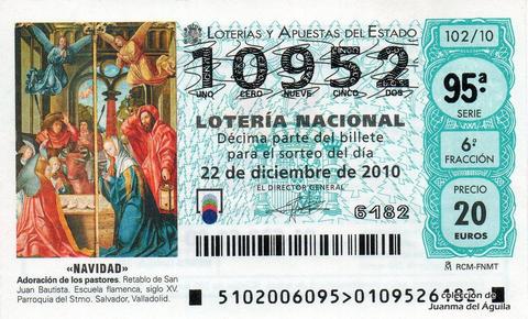 Décimo de Lotería Nacional de 2010 Sorteo 102 - «NAVIDAD» - ADORACIÓN DE LOS PASTORES. RETABLO DE SAN JUAN BAUTISTA