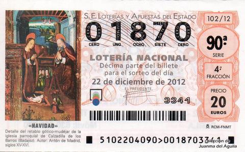 Décimo de Lotería Nacional de 2012 Sorteo 102 - «NAVIDAD» - DETALLE DEL RETABLO GÓTICO-MUDÉJAR DE LA IGLESIA DE CALZADILLA DE LOS BARROS (BADAJOZ)